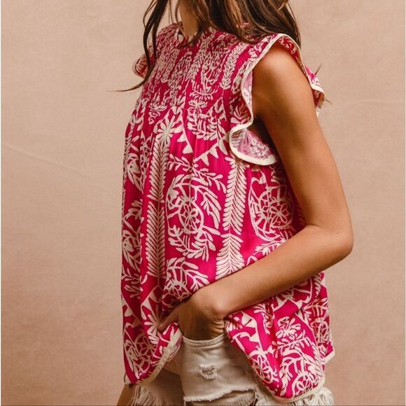 **BiBi Printed Ruffle Sleeve Top Pink and White Batik Print Women's Top - Picture 11 of 15